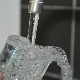 Ein Glas wird mit Wasser aus dem Wasserhahn befüllt